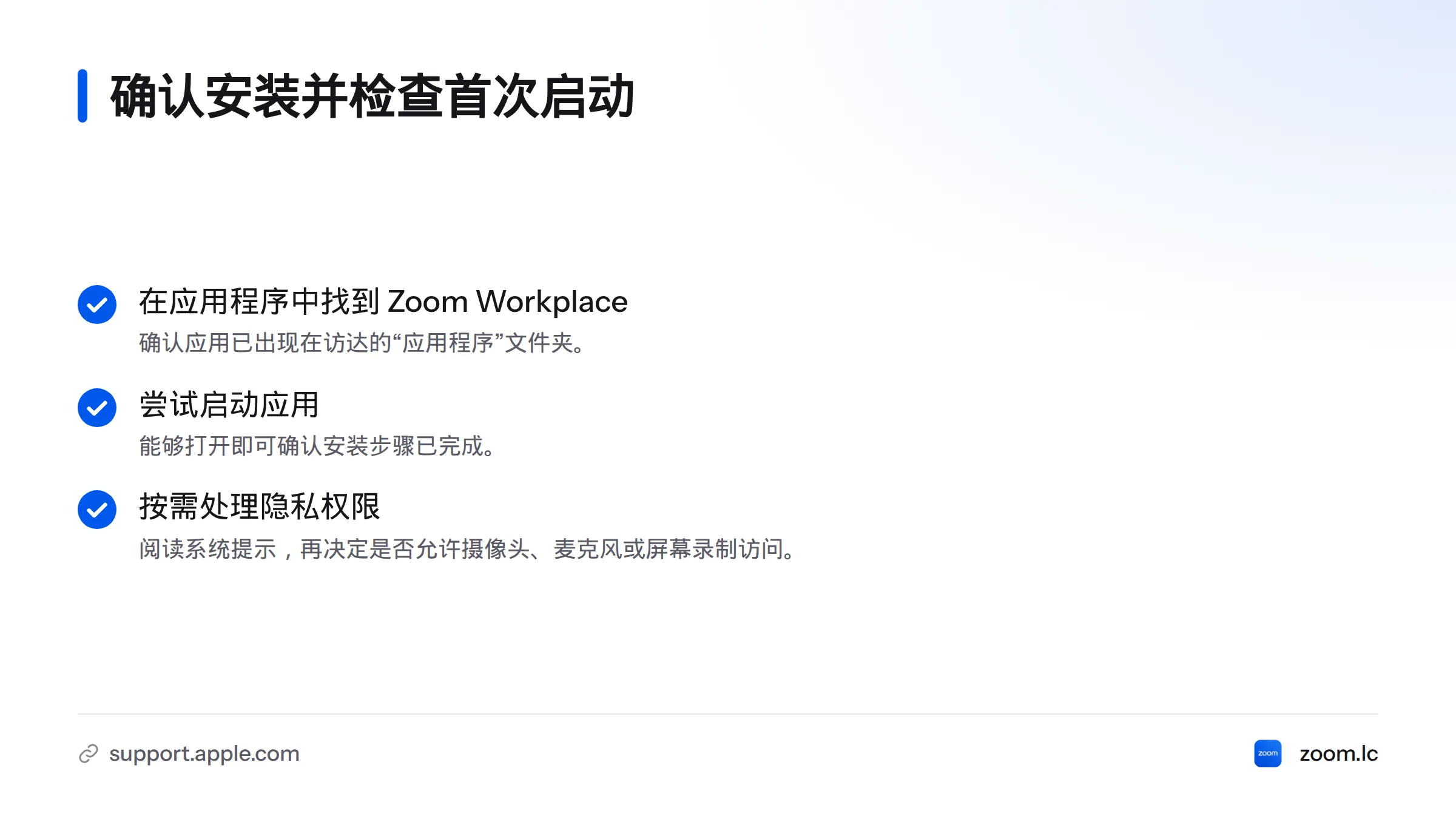 检查清单包括在“应用程序”中找到 Zoom Workplace、尝试启动应用,以及按需决定是否授予摄像头、麦克风或屏幕录制权限。