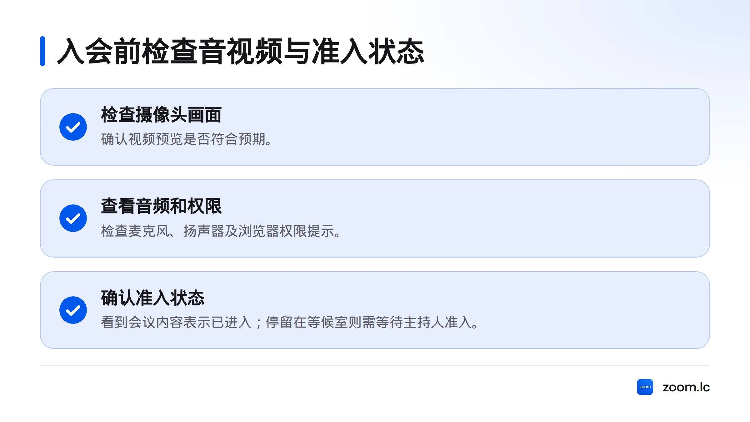 入会前确认摄像头画面、麦克风和扬声器或浏览器权限,并区分已进入会议与仍在等待主持人准入。